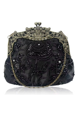 Vintage Victorian Beaded Satin Evening Purse - Black