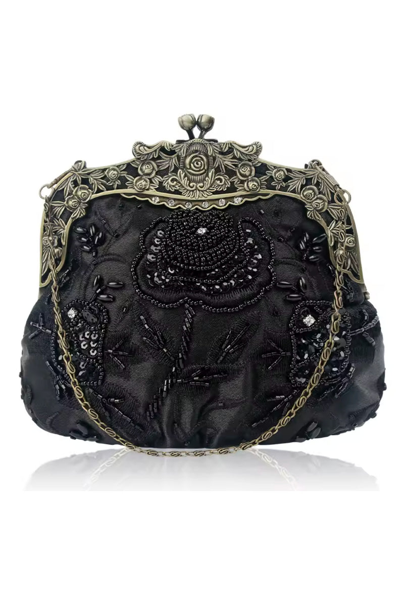 Vintage Victorian Beaded Satin Evening Purse - Black