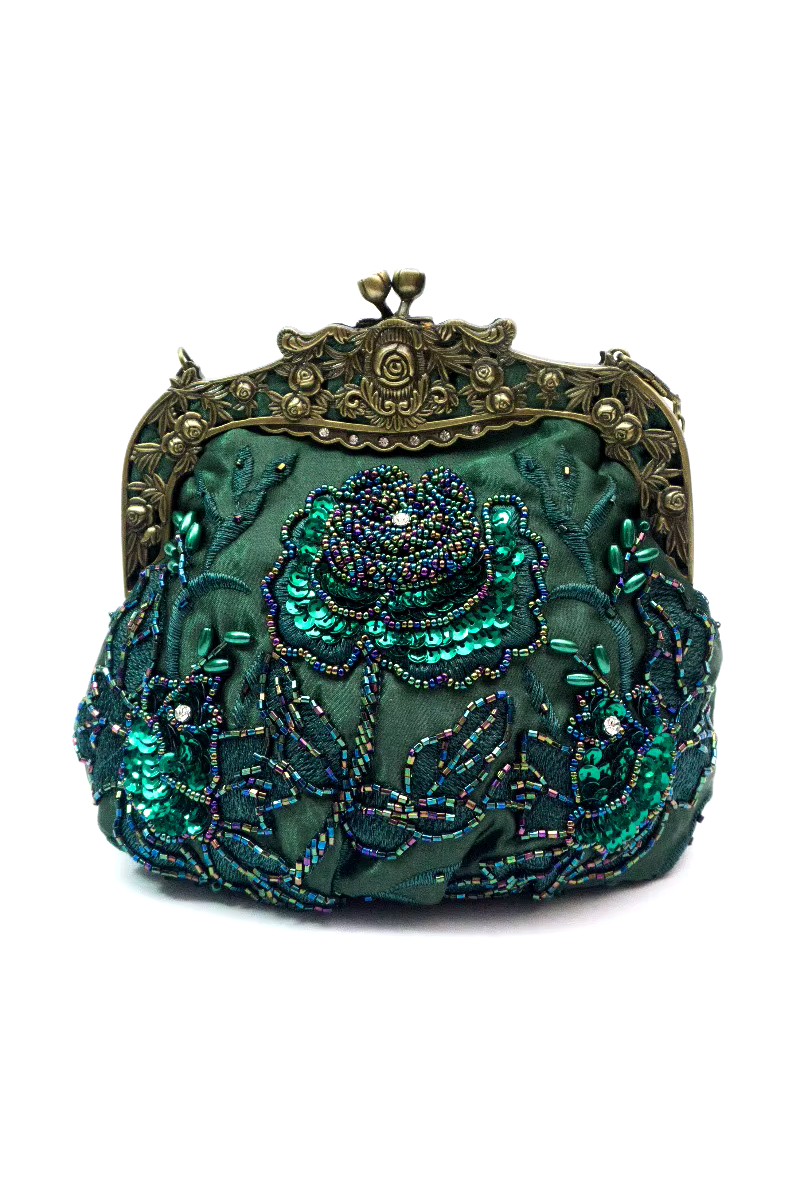 Vintage Victorian Beaded Satin Evening Purse - Emerald Green