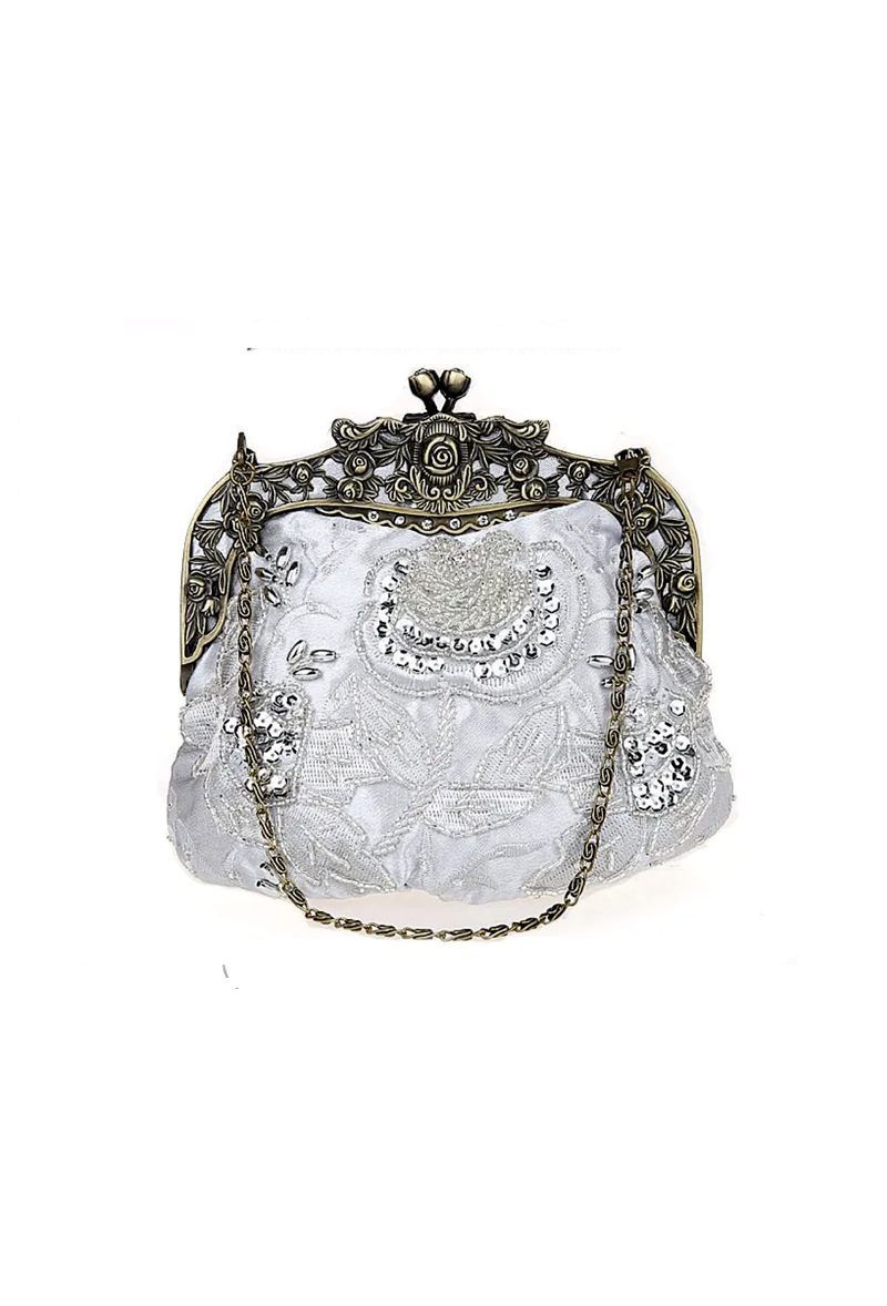Vintage Victorian Beaded Satin Evening Purse - Light Silver