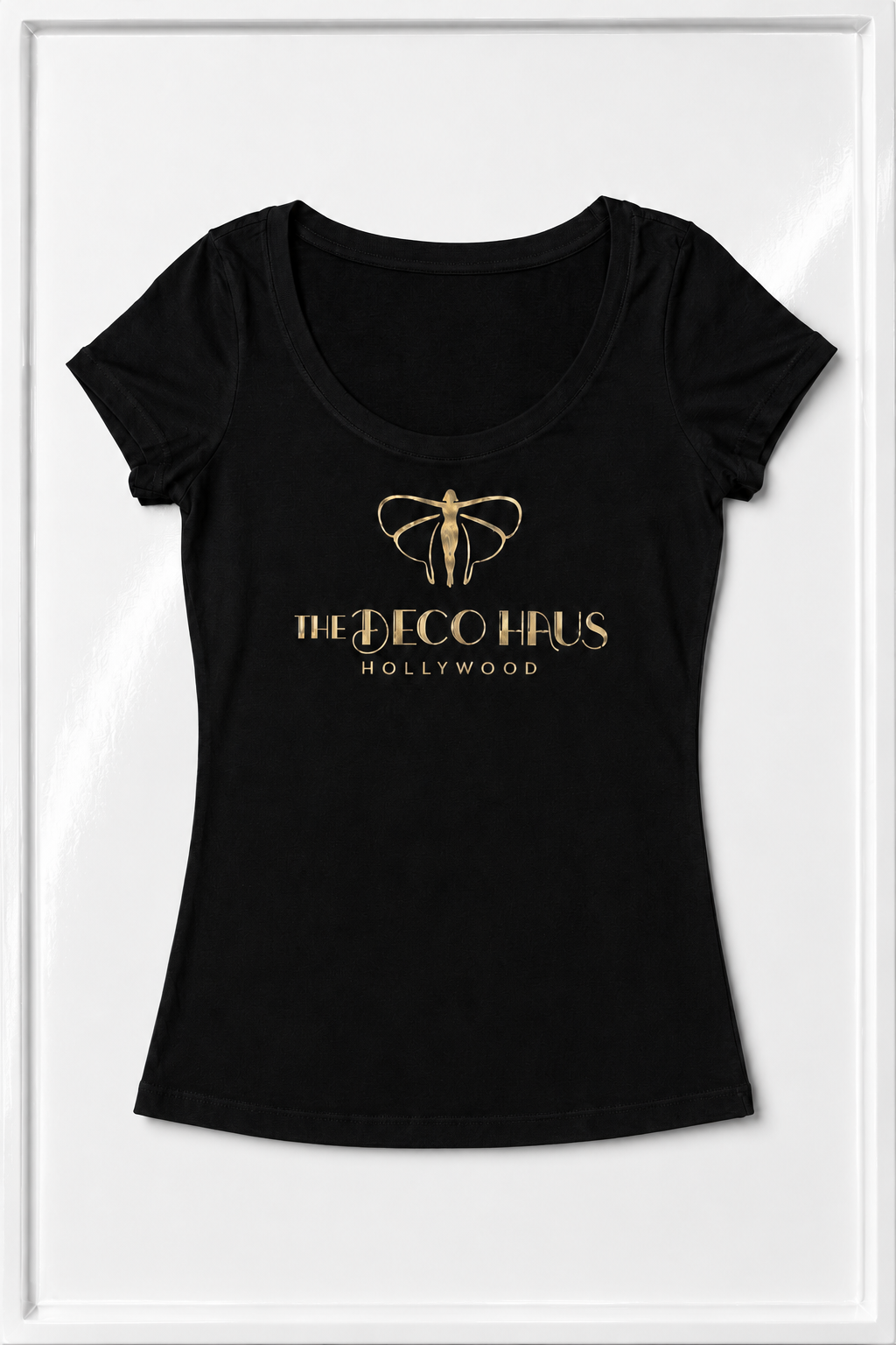 Black cotton jersey T-shirt with gold foil bee and Deco Haus Hollywood logo