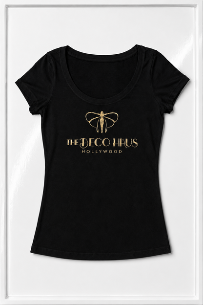 Black cotton jersey T-shirt with gold foil bee and Deco Haus Hollywood logo