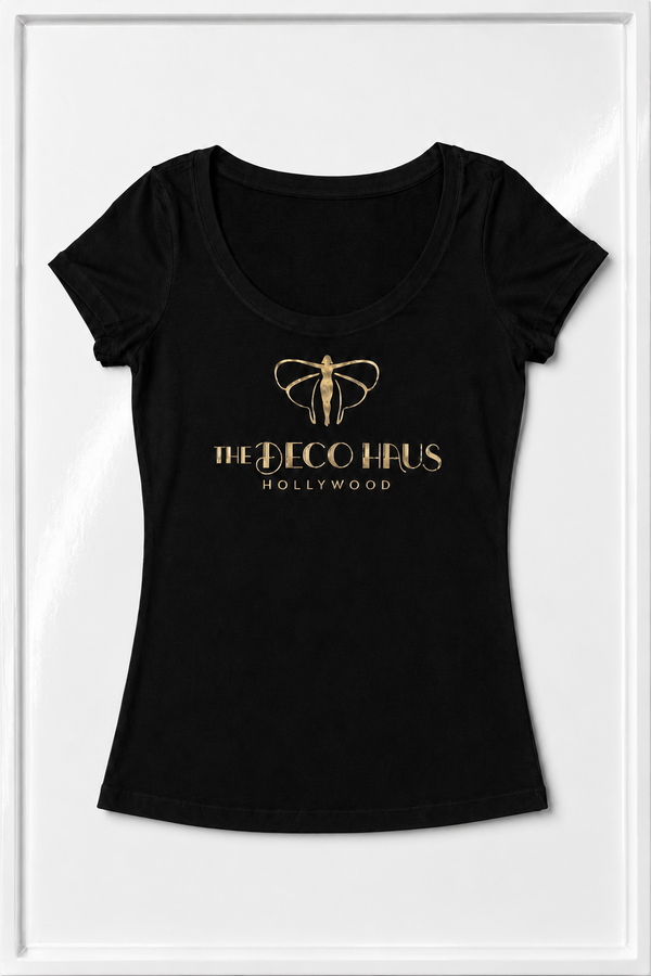Black cotton jersey T-shirt with gold foil bee and Deco Haus Hollywood logo
