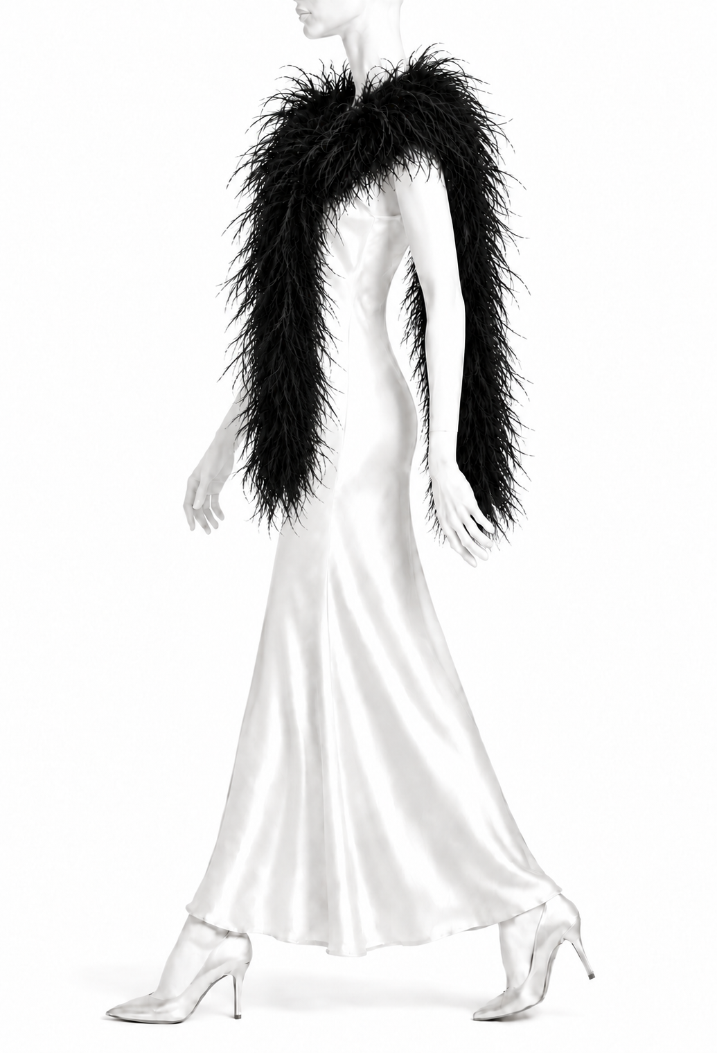 Black ostrich feather boa draped around the shoulders on a model