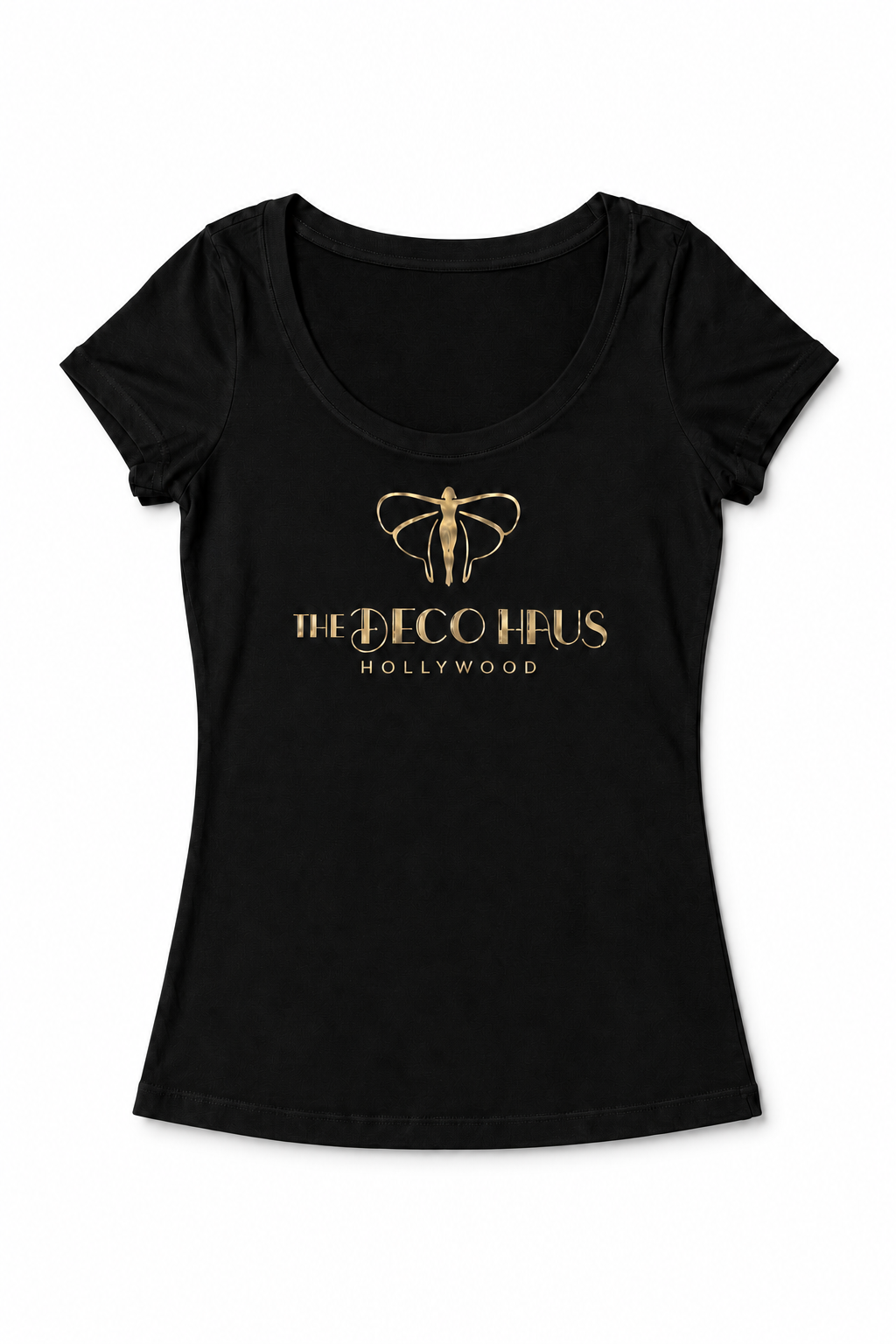 Black studio tee with gold foil logo graphic, scoop neck short sleeves