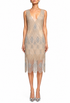 Champagne beaded V-neck sleeveless midi gown with scalloped fringe hem