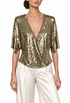 Molten gold sequin wrap top with V-neck and short sleeves