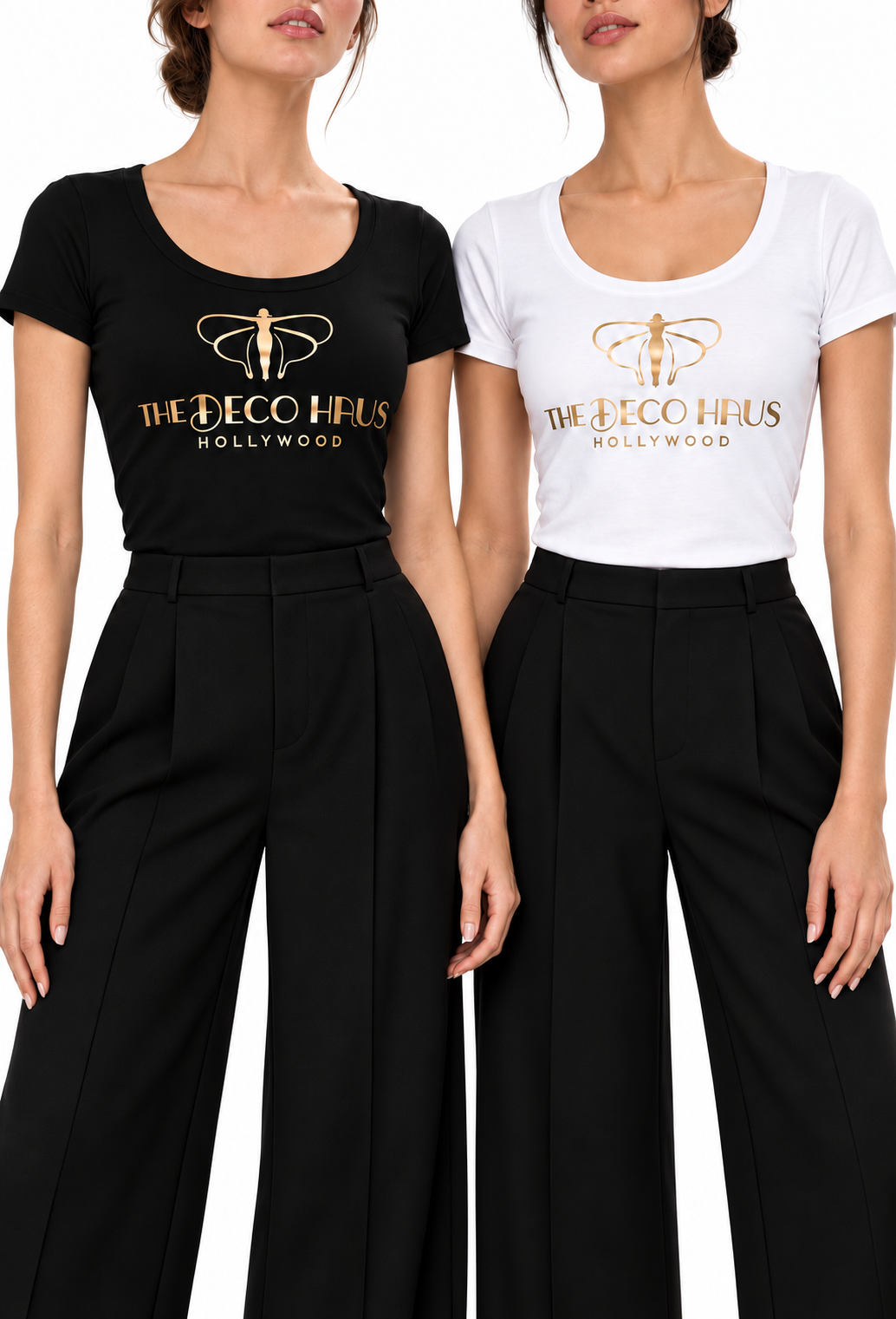 Short-sleeve studio tees in black and white with gold foil Hollywood logo