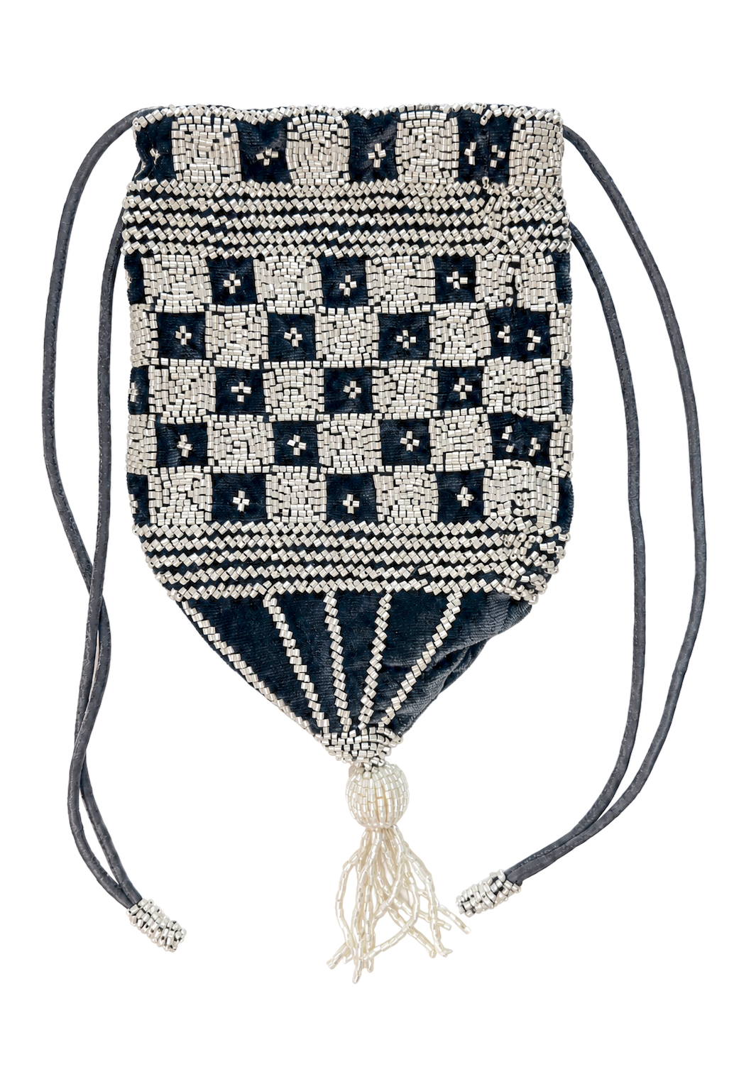 Le Soir velvet pouch with navy-and-silver beaded checker pattern, drawstring tassel