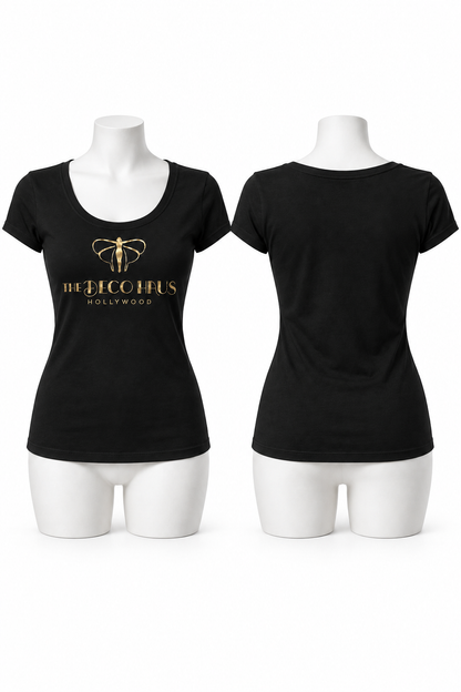 Black studio tee on mannequins; gold foil front logo, plain back