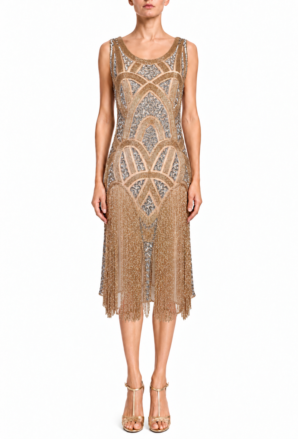 Gold beaded sleeveless gown with art deco pattern and fringe hem