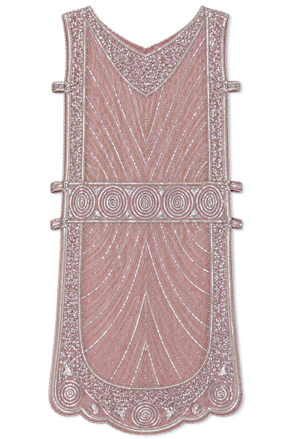 Rose-pink sleeveless tabard dress with V-neck, ornate circular bead borders