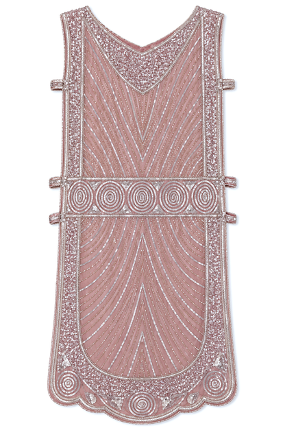 Rose-pink sleeveless tabard dress with V-neck, ornate circular bead borders