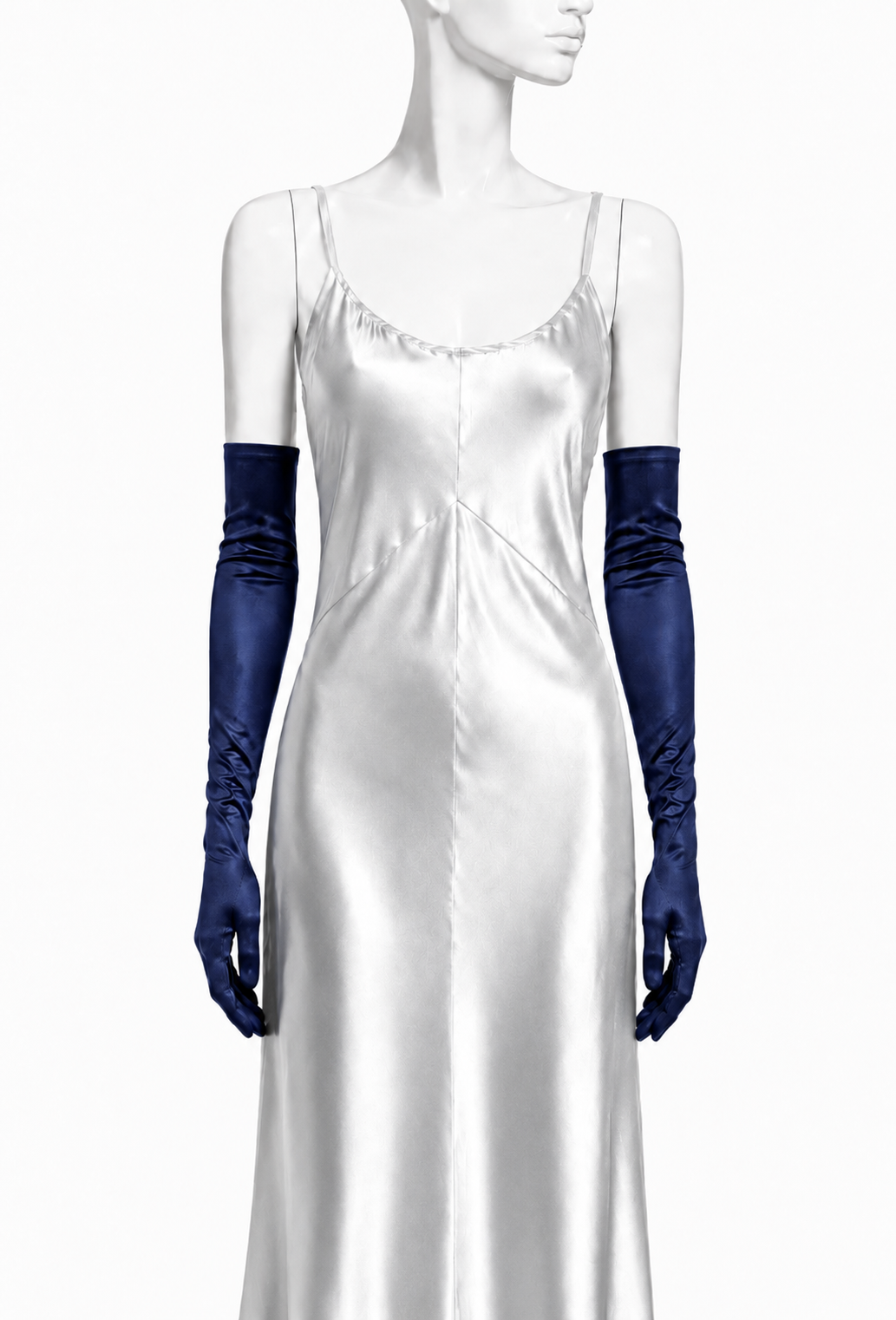 Midnight blue satin opera gloves with ruched, gathered fabric along the length
