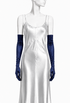 Midnight blue satin opera gloves with ruched, gathered fabric along the length