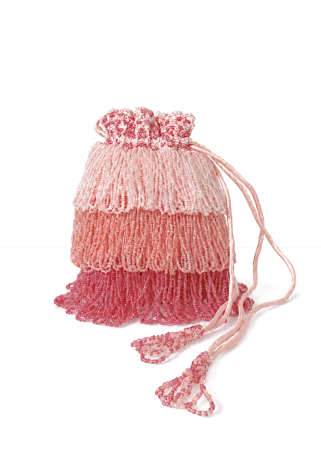 Pink textured drawstring pouch with gathered top and trailing tassels