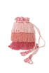 Pink textured drawstring pouch with gathered top and trailing tassels