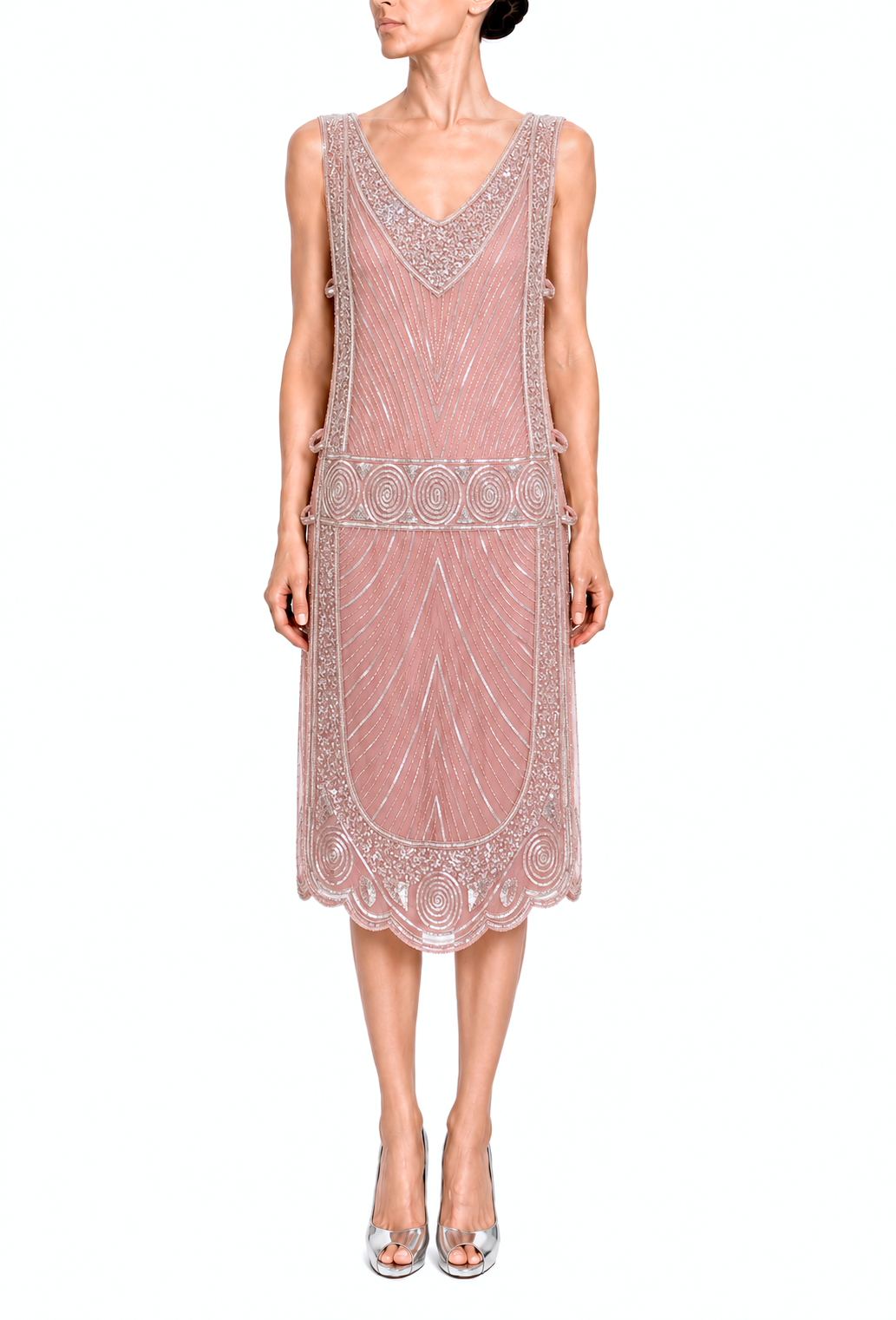 Rose-pink V-neck sleeveless tabard dress, layered sequin lines and scalloped hem