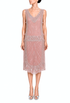 Rose-pink V-neck sleeveless tabard dress, layered sequin lines and scalloped hem