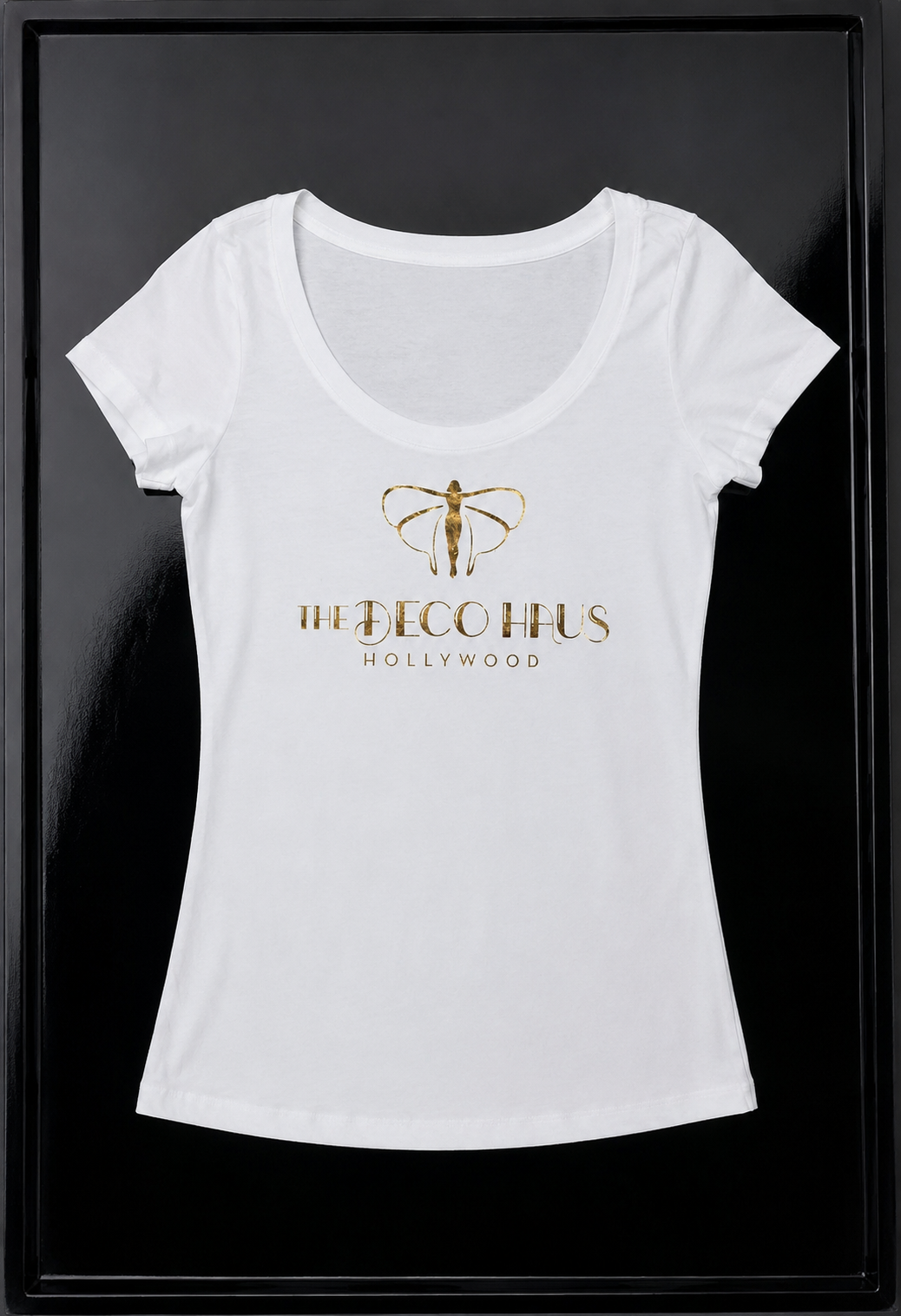 White cotton jersey T-shirt with gold foil deco logo, crew neck and short sleeves
