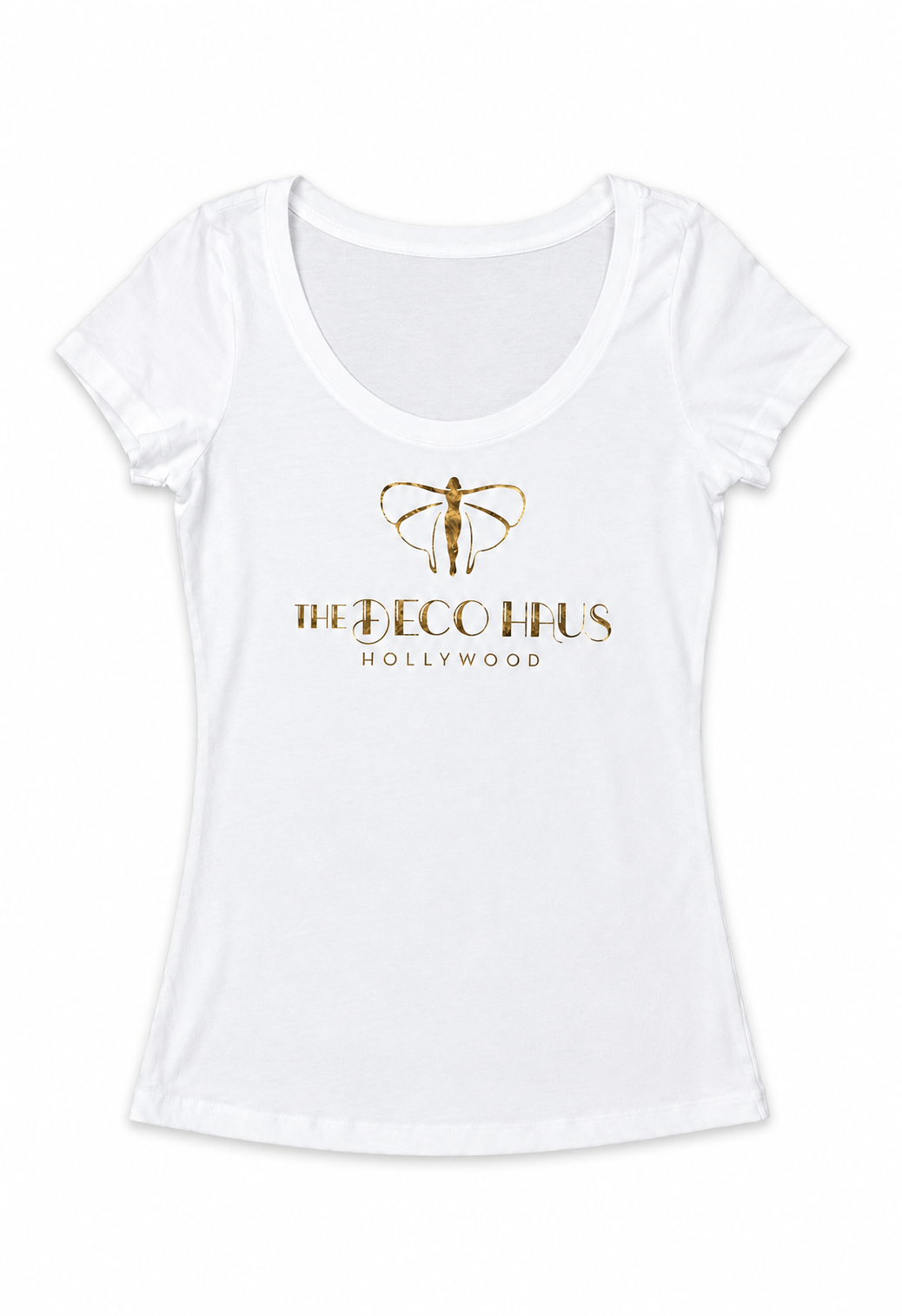 Optic white studio tee with gold foil logo graphic, scoop neck short sleeves