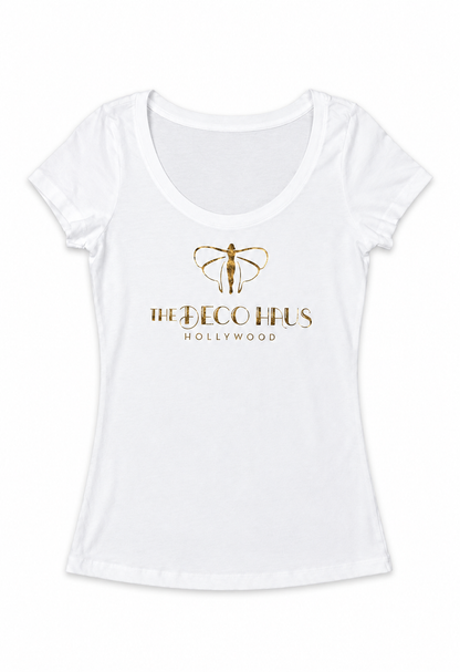 Optic white studio tee with gold foil logo graphic, scoop neck short sleeves
