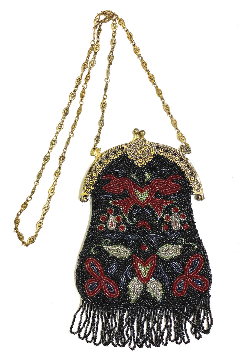 1920's Antique Deco Inspired Gatsby Beaded Evening Bag - Black Floral
