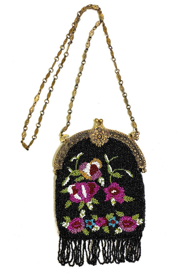 1920's Antique Deco Inspired Gatsby Beaded Evening Bag - Black Rose