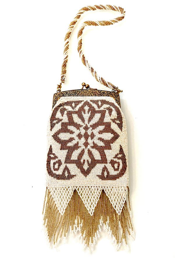 1920's Antique Deco Inspired Gatsby Beaded Evening Bag - Cream Gold Deco Fringe The Deco Haus