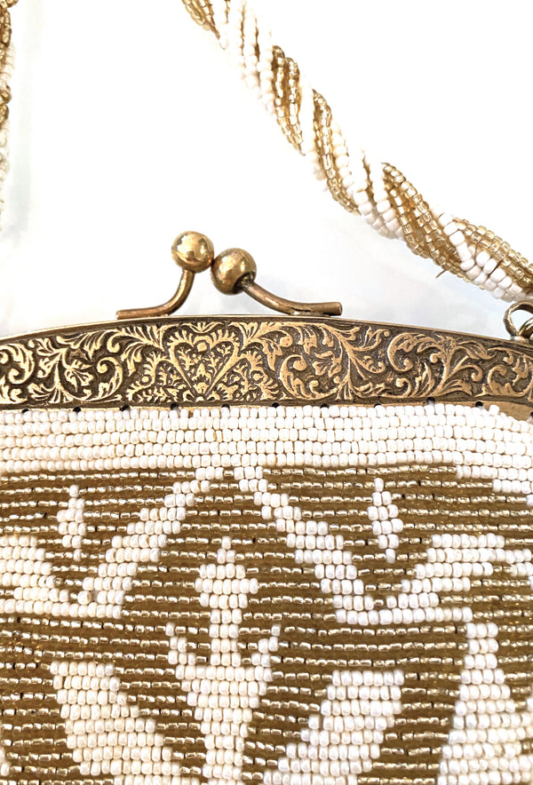 1920's Antique Deco Inspired Gatsby Beaded Evening Bag - Cream Gold Deco Fringe The Deco Haus