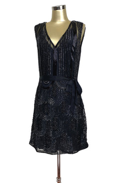 1920's Beaded Sash Deco Cocktail Dress - The Pétale- Black