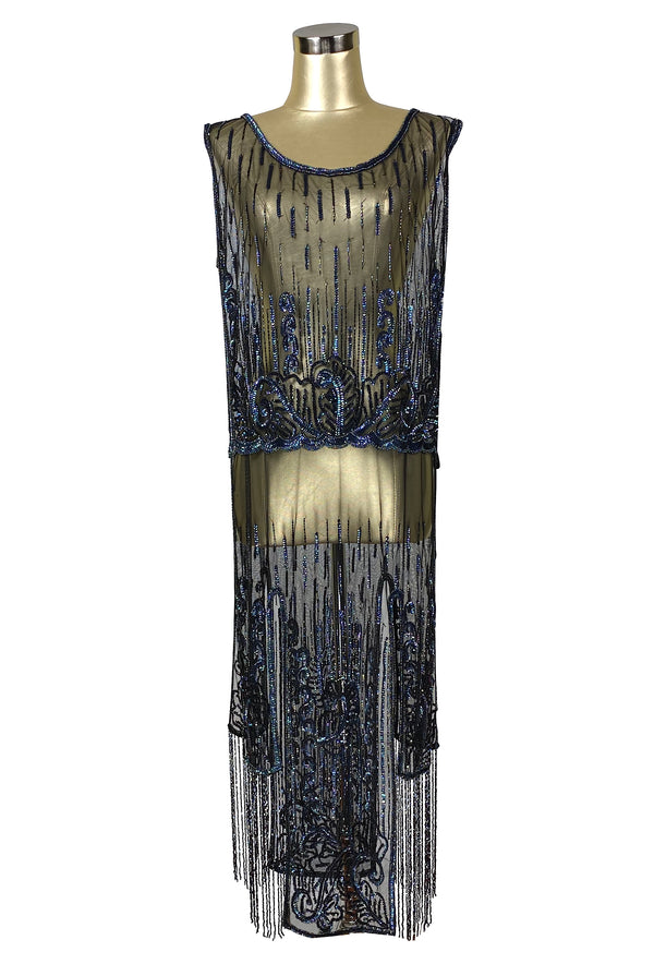 1920's Beaded Vintage Deco Tabard Fringe Panel Gown - The Epiphany - Black Iridescent - The Deco Haus