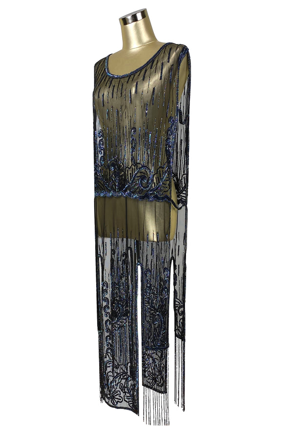 1920's Beaded Vintage Deco Tabard Fringe Panel Gown - The Epiphany - Black Iridescent - The Deco Haus