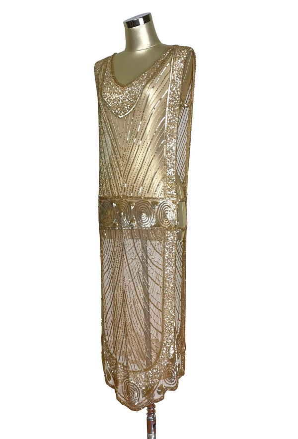1920's Beaded Vintage Deco Tabard Panel Gown - The Modernist - Gold