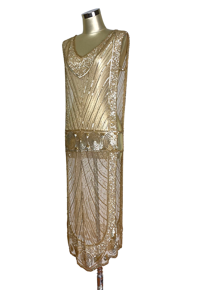 1920's Beaded Vintage Deco Tabard Panel Gown - The Modernist - Gold