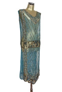 1920's Beaded Vintage Deco Tabard Panel Gown - The Modernist - Gold on Turquoise