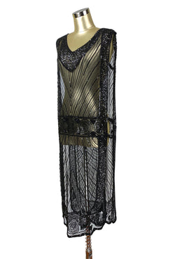 1920's Beaded Vintage Deco Tabard Panel Gown - The Modernist - Kohl Black - The Deco Haus