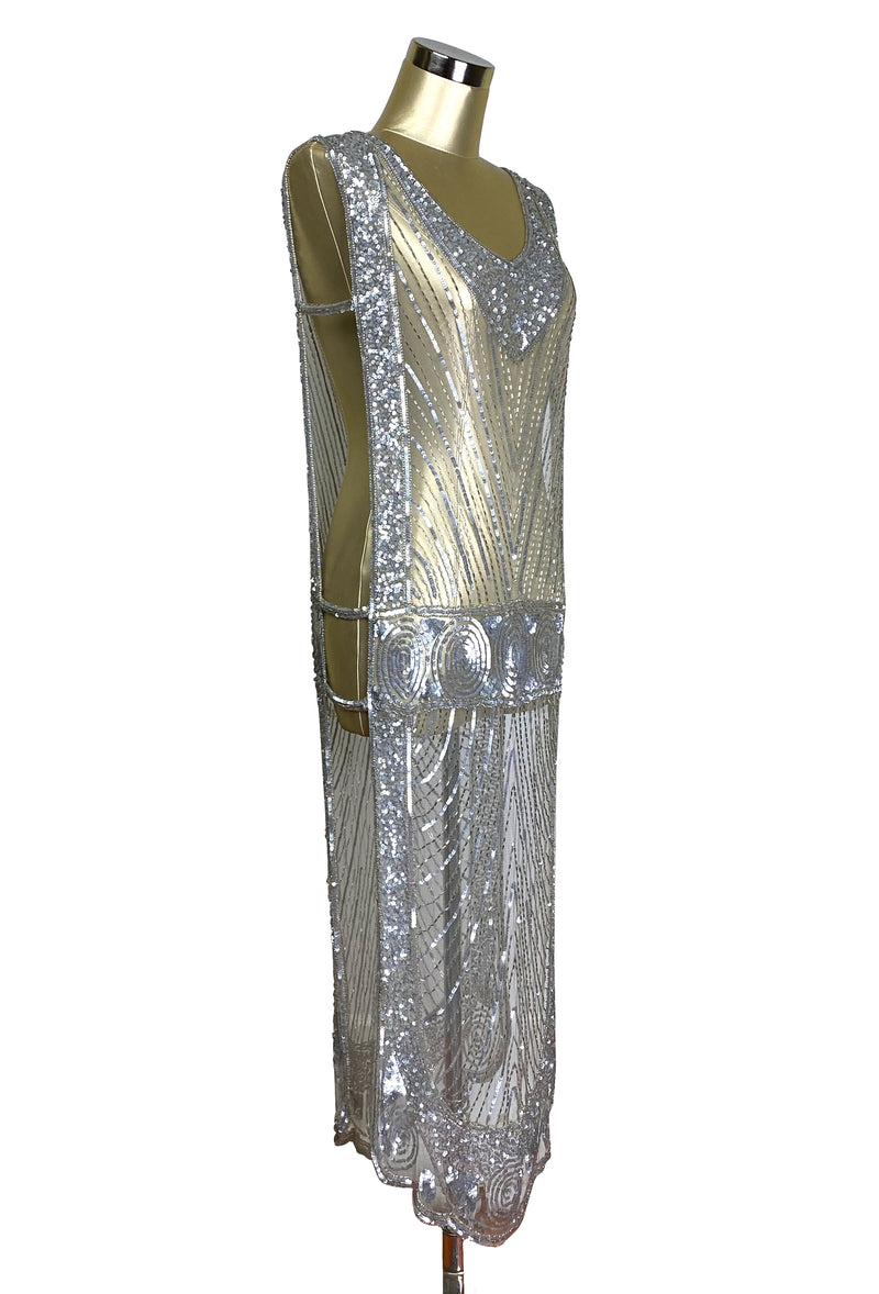 1920's Beaded Vintage Deco Tabard Panel Gown - The Modernist - Silver