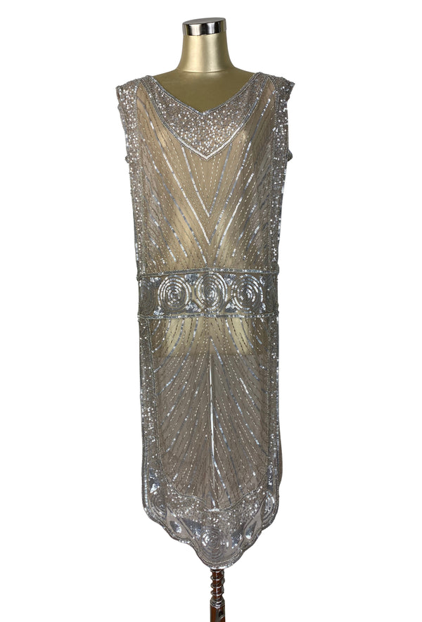 1920's Beaded Vintage Deco Tabard Panel Gown - The Modernist - Silver on Champagne