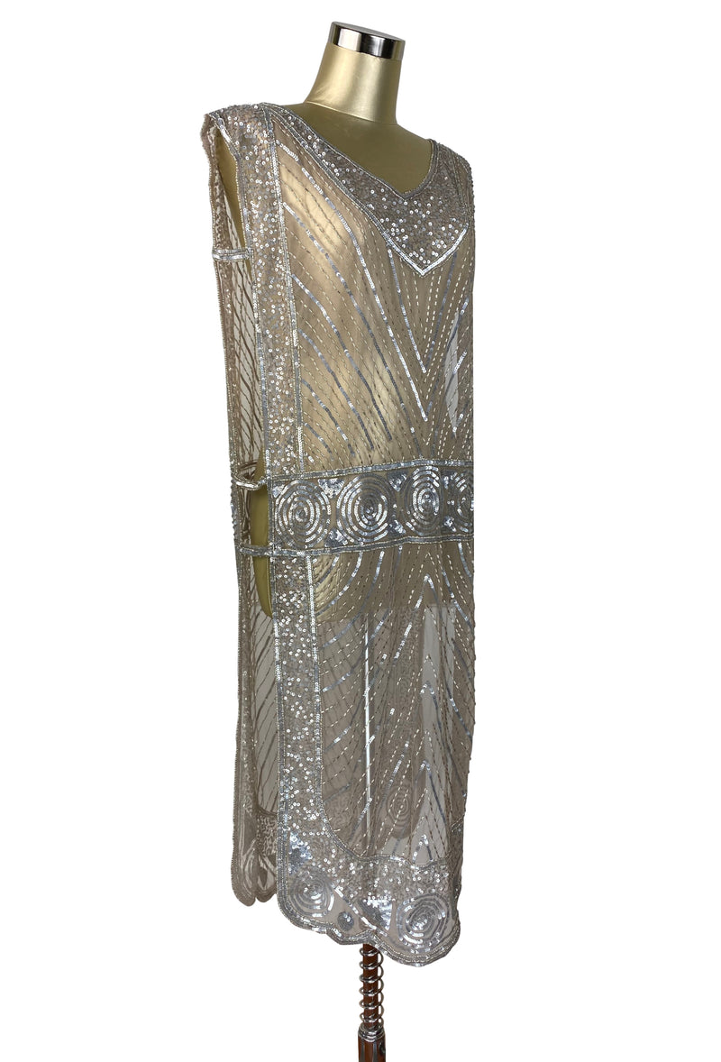 1920's Beaded Vintage Deco Tabard Panel Gown - The Modernist - Silver on Champagne