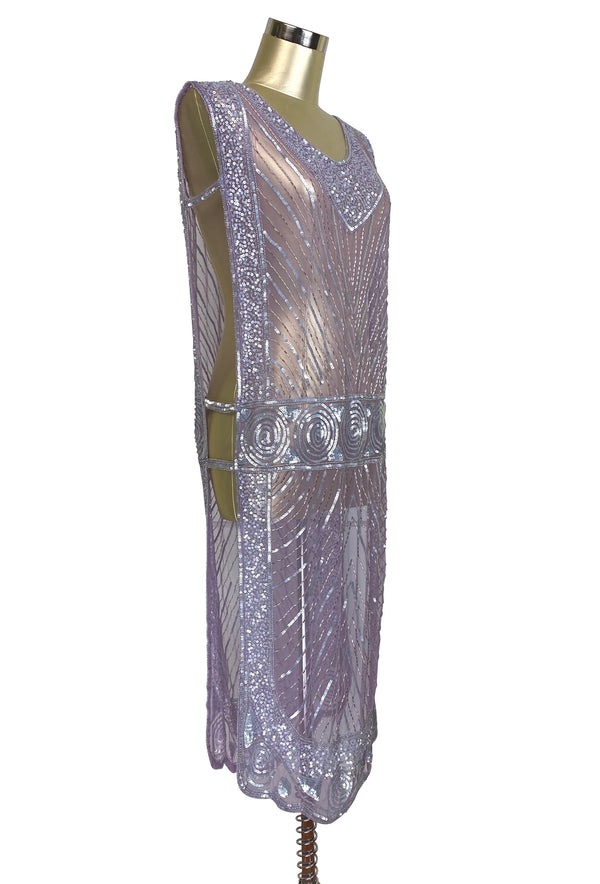 1920's Beaded Vintage Deco Tabard Panel Gown - The Modernist - Silver on Lilac