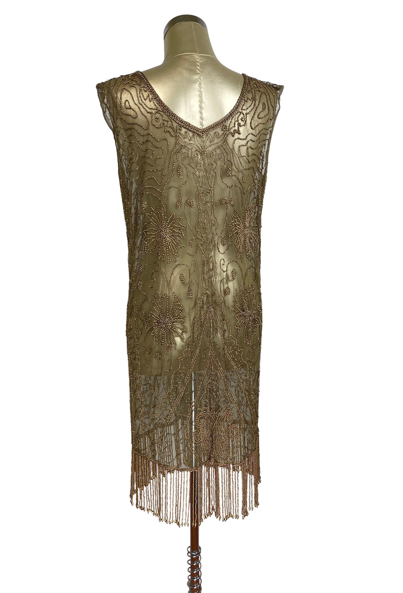1920's Beaded Vintage Deco Tabard Panel Gown - The Musidora - Antique Gold