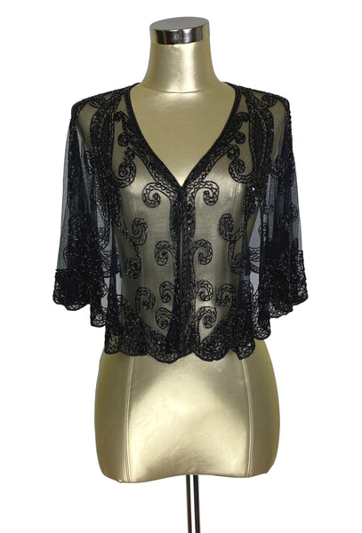 1920's Beaded Vintage Glamour Shawl Capelet - The Claudette - Black Je