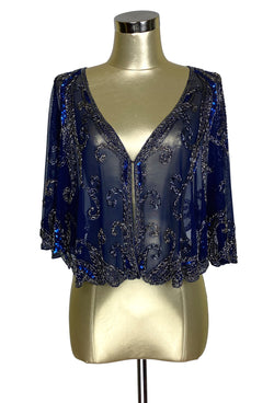 1920's Beaded Vintage Glamour Shawl Capelet - The Claudette - Midnight Blue