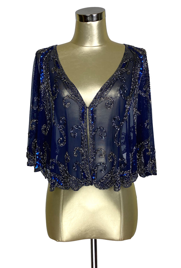 1920's Beaded Vintage Glamour Shawl Capelet - The Claudette - Midnight Blue