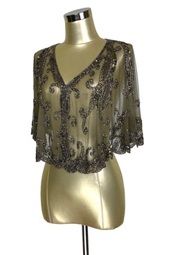 1920's Beaded Vintage Glamour Shawl Capelet - The Claudette - Pewter