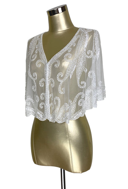 Vintage beaded wedding capelet with white lace overlay and scalloped edge, The Claudette