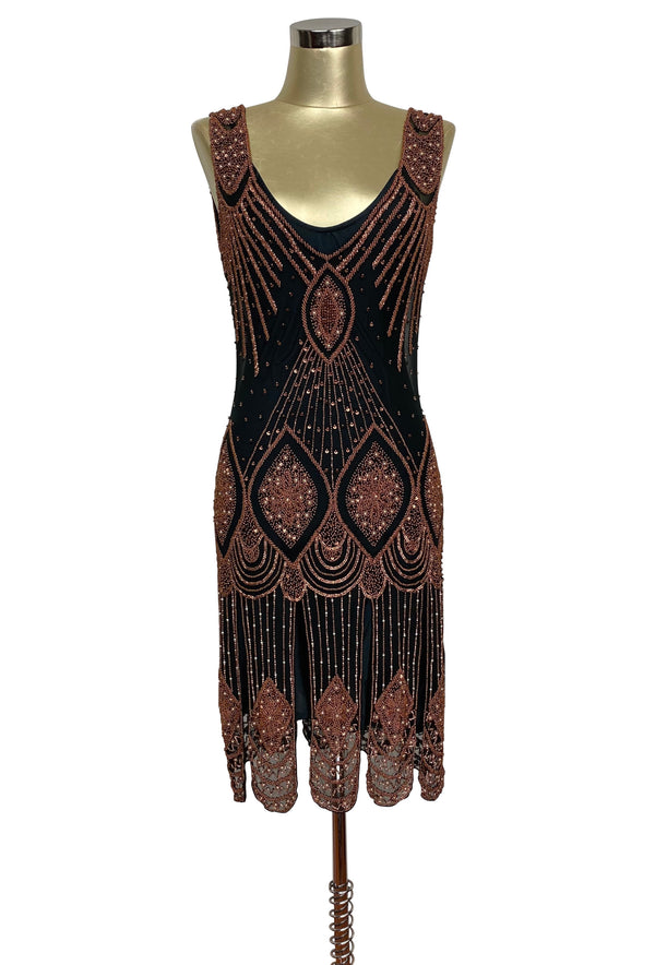 1920's Flapper Carwash Hem Beaded Party Dress - The Starlet - Copper on Jet - Dr. Who