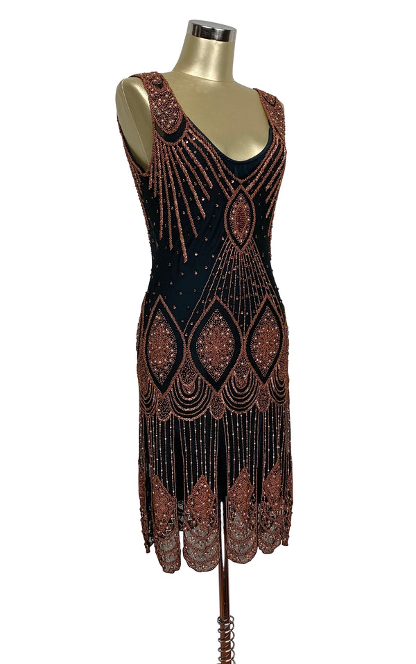 1920's Flapper Carwash Hem Beaded Party Dress - The Starlet - Copper on Jet - Dr. Who