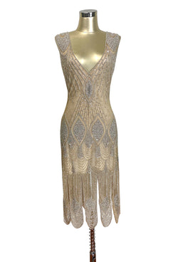 1920s Evening Dresses & Formal Gowns 1920S FLAPPER CARWASH HEM BEADED PARTY DRESS - THE STARLET - ULTRA LOW - CHAMPAGNE SILVER  AT vintagedancer.com
